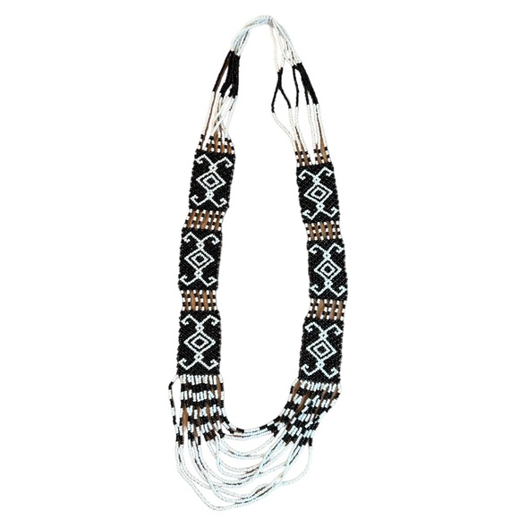 Vintage Native Hand Beaded Black & White Seed Bead Necklace - Picture 1 of 5